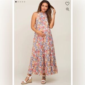 Pink blush maternity plus size floral dress, perfect for summer weddings!